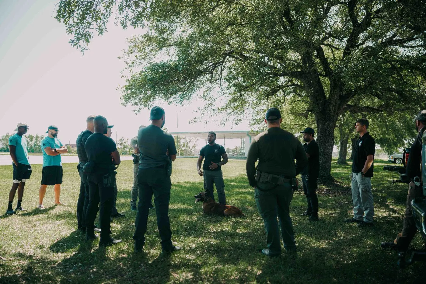 Walter Bell teaching a group of handlers beneath an oak tree, with a K9 lying beside him